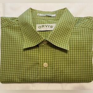 Men’s XL Orvis Green Plaid Casual Short Sleeve Button Up Shirt 100% Cotton